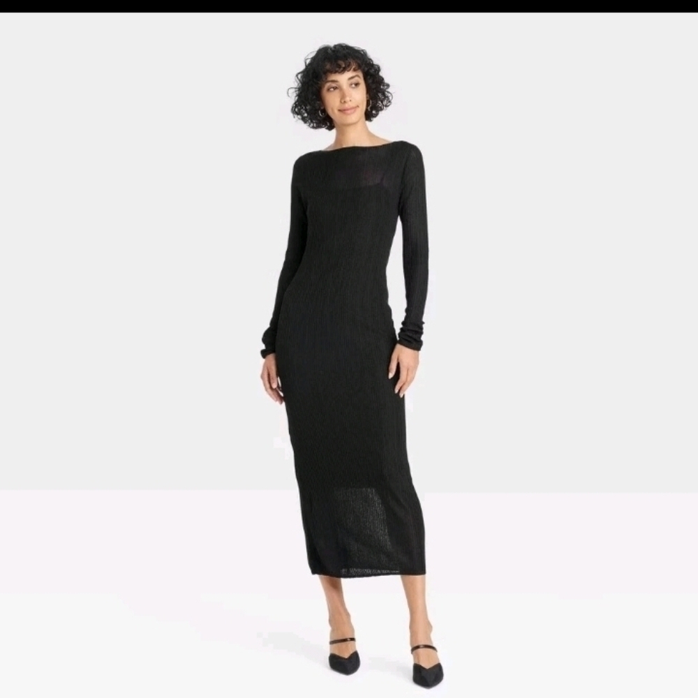 Women's Long Sleeve Sheer Maxi Sweater Dress - A New Day Black